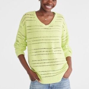 Aeropostale Lime Green Solid Open-Knit V-Neck Oversized Sweater NWOT XS